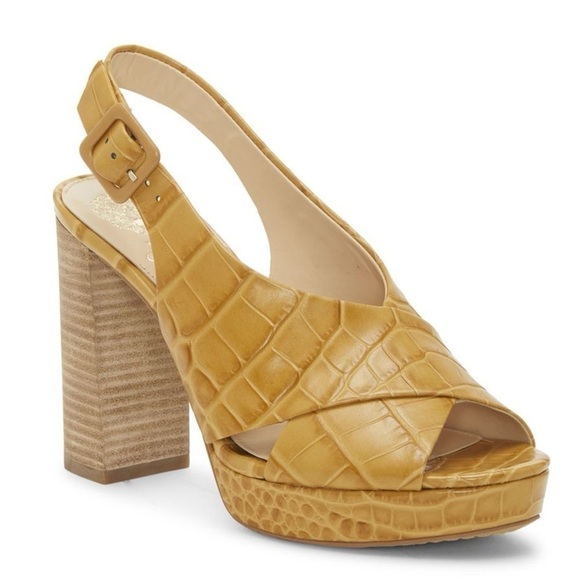 Vince Camuto Javasan Heel Sandals Mustard Yellow Embossed Leather Croc size 8 - Picture 2 of 8